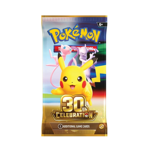 Pokémon 30th Celebration booster pack with Pikachu, Mew, and Mewtwo