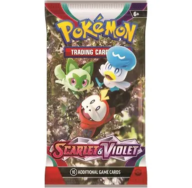 Pokémon Scarlet & Violet Base Set sealed booster pack featuring Sprigatito, Quaxly, and Fuecoco