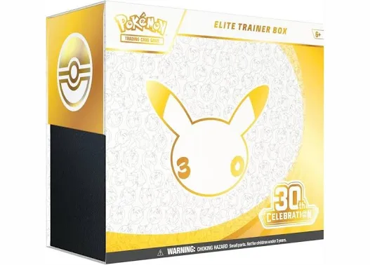 Pokémon 30th Celebration 2026 standard Elite Trainer Box gold and white Pikachu 30th anniversary artwork
