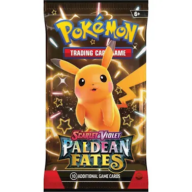 Pokémon Scarlet & Violet Paldean Fates sealed booster pack featuring shiny Pikachu artwork