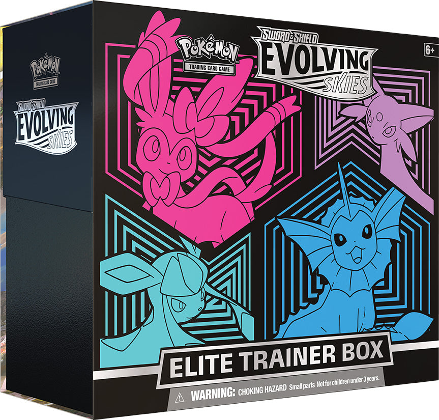 Evolving Skies standard Elite Trainer Box featuring Sylveon Espeon Glaceon and Vaporeon
